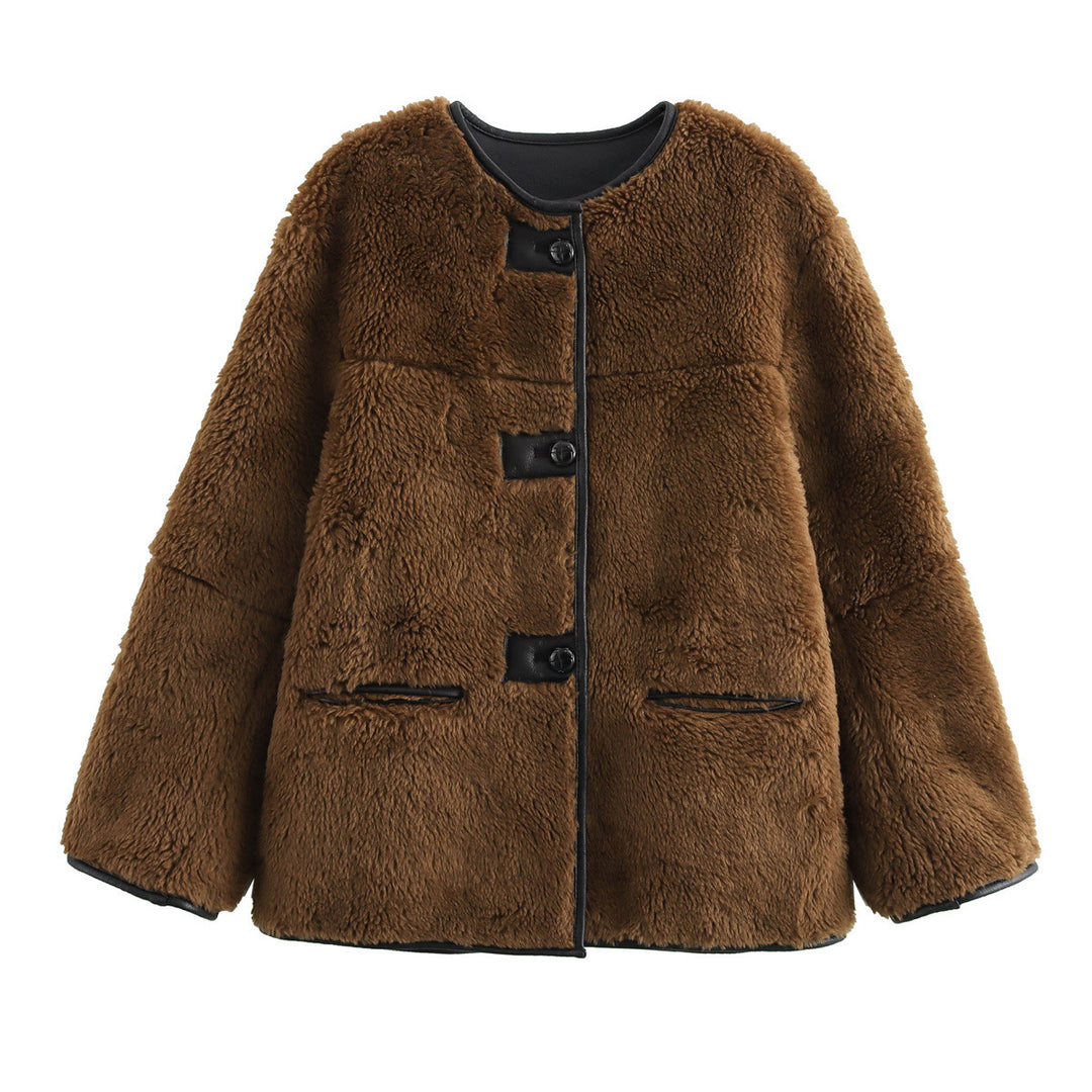 Damen Boxy-Teddyjacke im Faux-Shearling mit Rundhals, Knopfverschluss und Lederpaspeln Drune