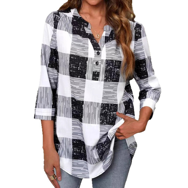 Damen nan lockere karierte Tunika-Bluse mit halbem Knopfverschluss und abgerundetem Saum Drune