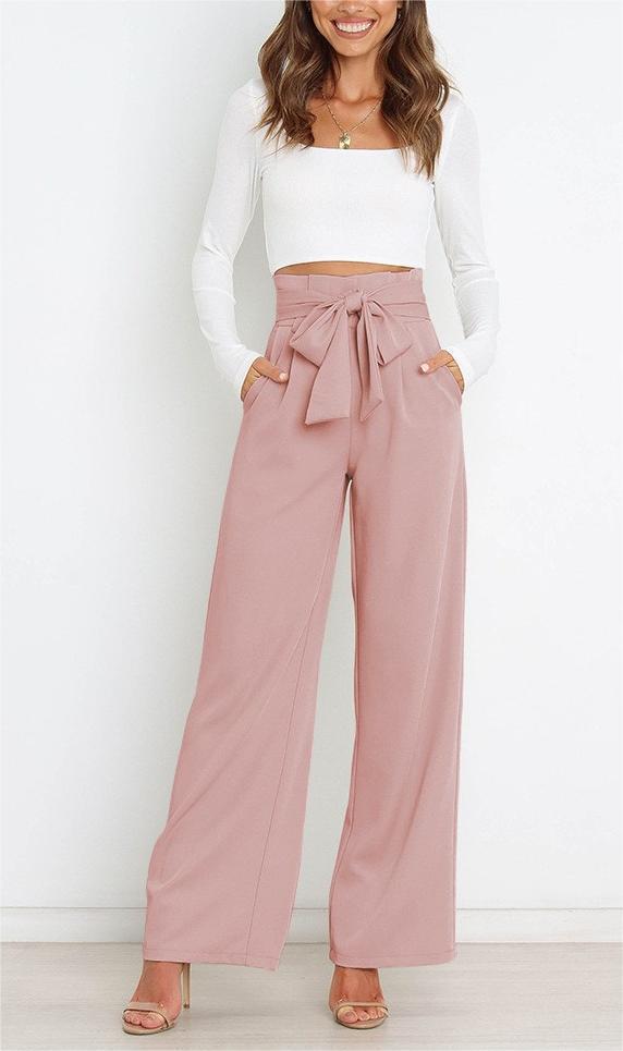 Damen Weite High-Waist Paperbag-Hose mit Bundfalten und Bindegürtel Drune