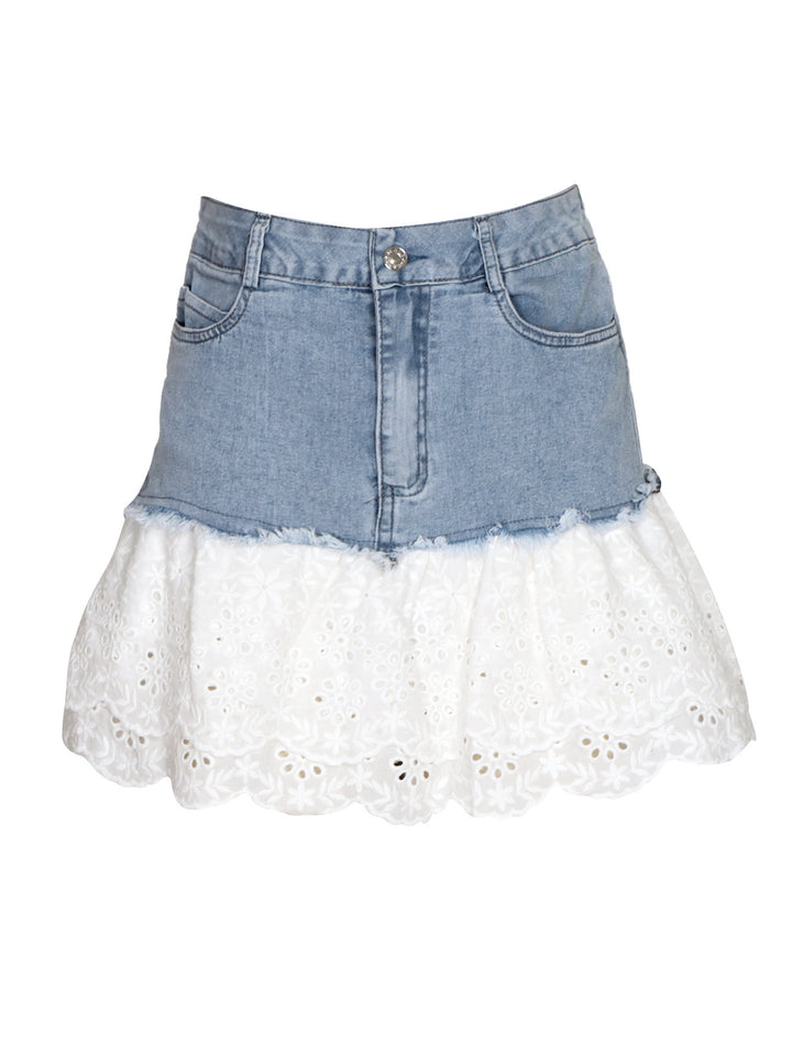 Femme Denim und Spitze A-Linie Rock Drune