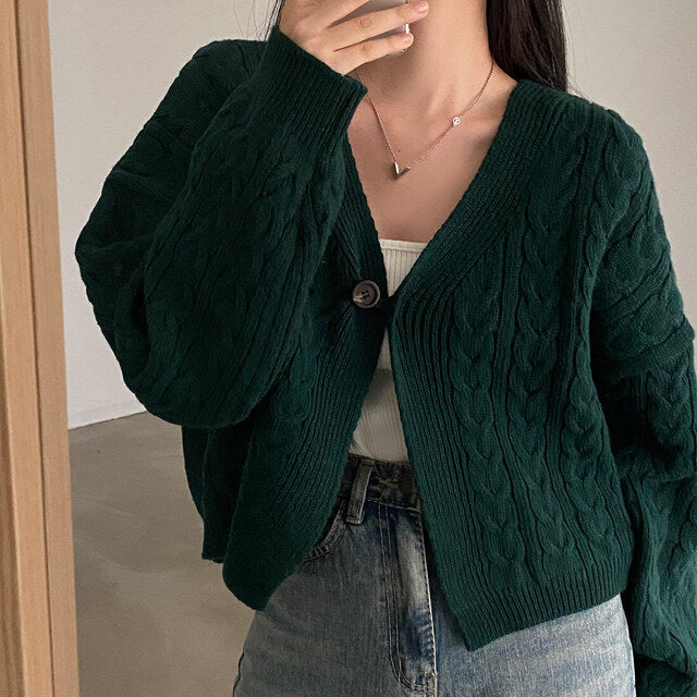 Damen kurz geschnittene Strickjacke mit Zopfmuster Drune