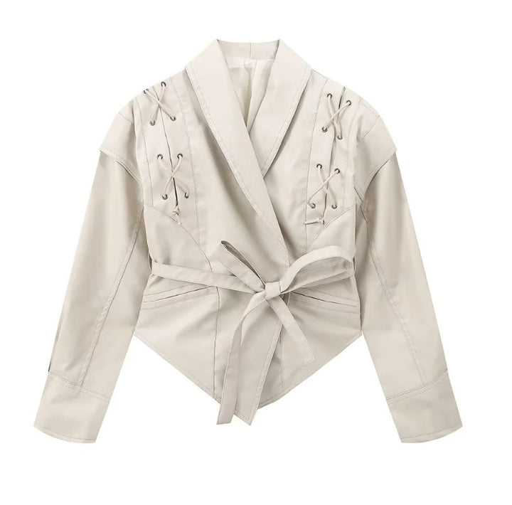 Damen 100+ kurze Wickeljacke mit Bindegürtel und Ösen‑Schnürdetail Drune