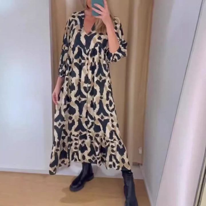 Damen nan weites Stufenmaxikleid mit V-Ausschnitt geraffter Brustpasse und Dreiviertelärmeln Drune