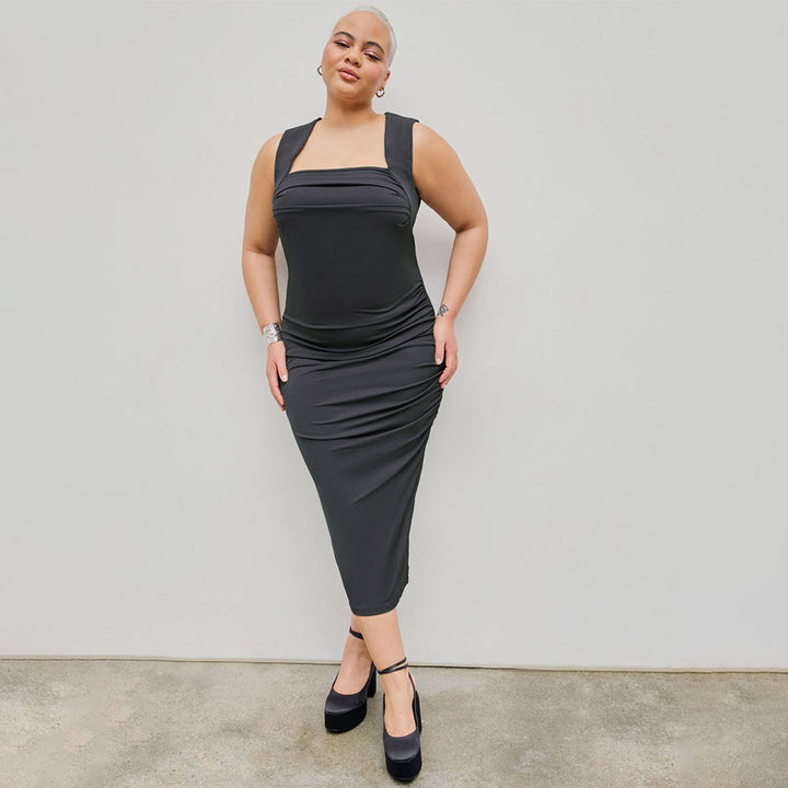 Damen figurbetontes Midikleid mit Quadrat-Ausschnitt und Raffungen Drune