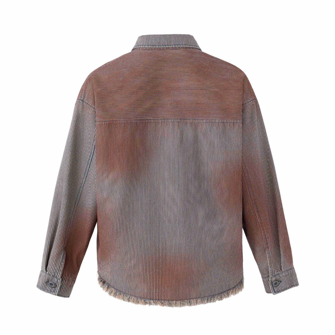 Damen Overshirt-Jacke aus gestreiftem Denim mit Fransen und Used-Details Drune