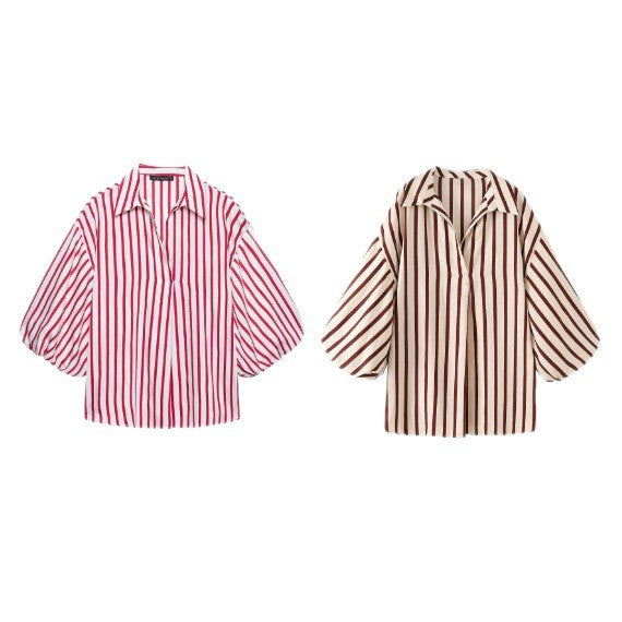 Damen Gestreifte Oversize-Bluse mit Ballonärmeln Drune