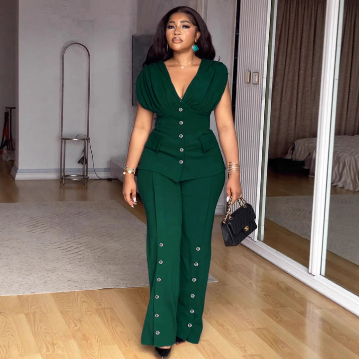 Damen Elegantes Jumpsuit mit drapiertem Oberteil und dekorativen Knöpfen Drune