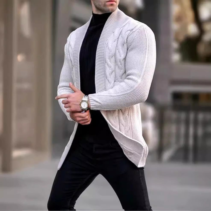 Herren Longline-Strickcardigan mit Schalkragen, Zopf- und Perlmuster Drune