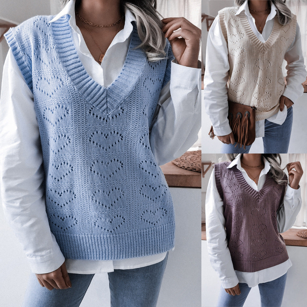 Damen Strickweste mit V-Ausschnitt und Herzmuster Drune