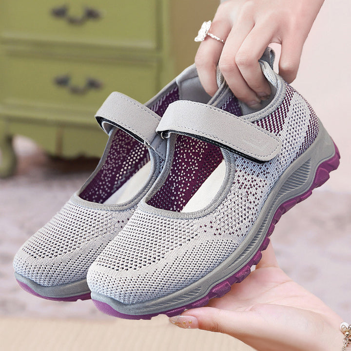 Damen nan gestrickter Mary-Jane-Sneaker mit Klettverschluss, atmungsaktivem Obermaterial und dämpfender Profilsohle Drune