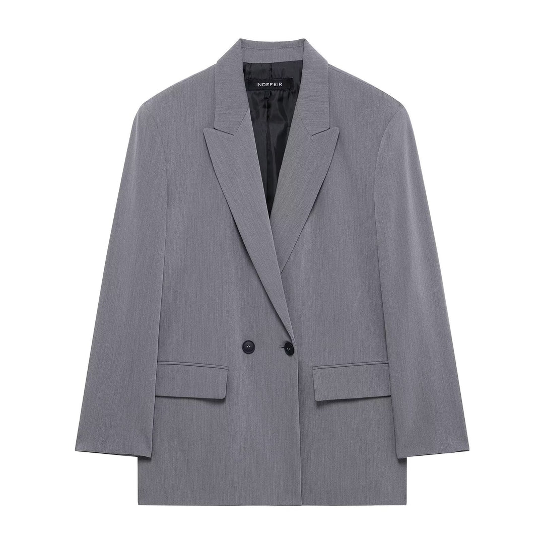 Damen Langer Zweireihiger Blazer-Mantel mit Oversize-Schnitt und Pattentaschen Drune