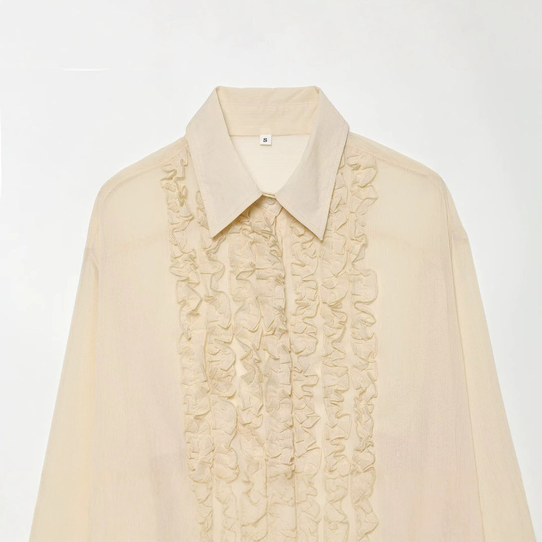 Damen Rüschengesäumte Chiffonbluse mit verdeckter Knopfleiste und übergroßem Hemdkragen Drune