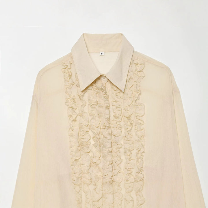 Damen Rüschengesäumte Chiffonbluse mit verdeckter Knopfleiste und übergroßem Hemdkragen Drune