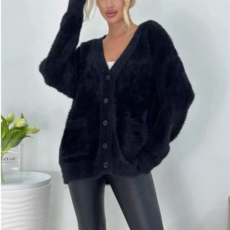 Damen Flauschiger Oversize-Knopfcardigan mit tiefem V‑Ausschnitt und aufgesetzten Taschen Drune