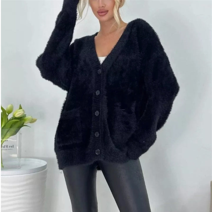 Damen Flauschiger Oversize-Knopfcardigan mit tiefem V‑Ausschnitt und aufgesetzten Taschen Drune