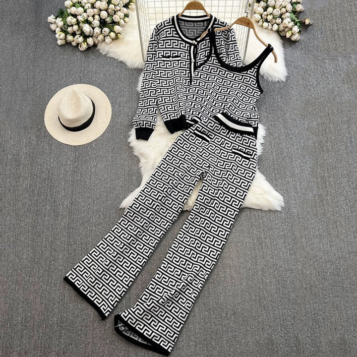 Damen modisches Strick-Loungewear-Set mit geometrischem Muster und Cardigan Drune