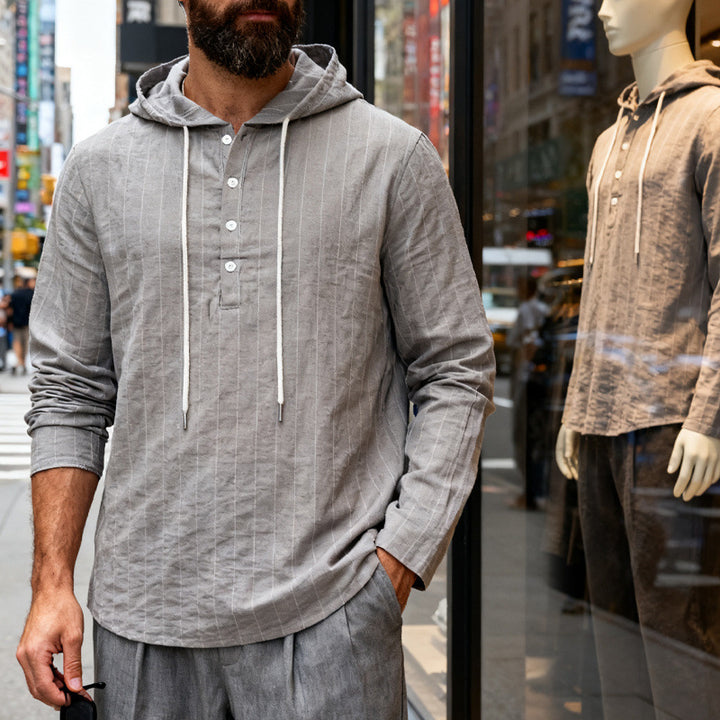 Herren nan Kapuzenshirt aus Leinenmix mit halber Knopfleiste und Nadelstreifen Drune