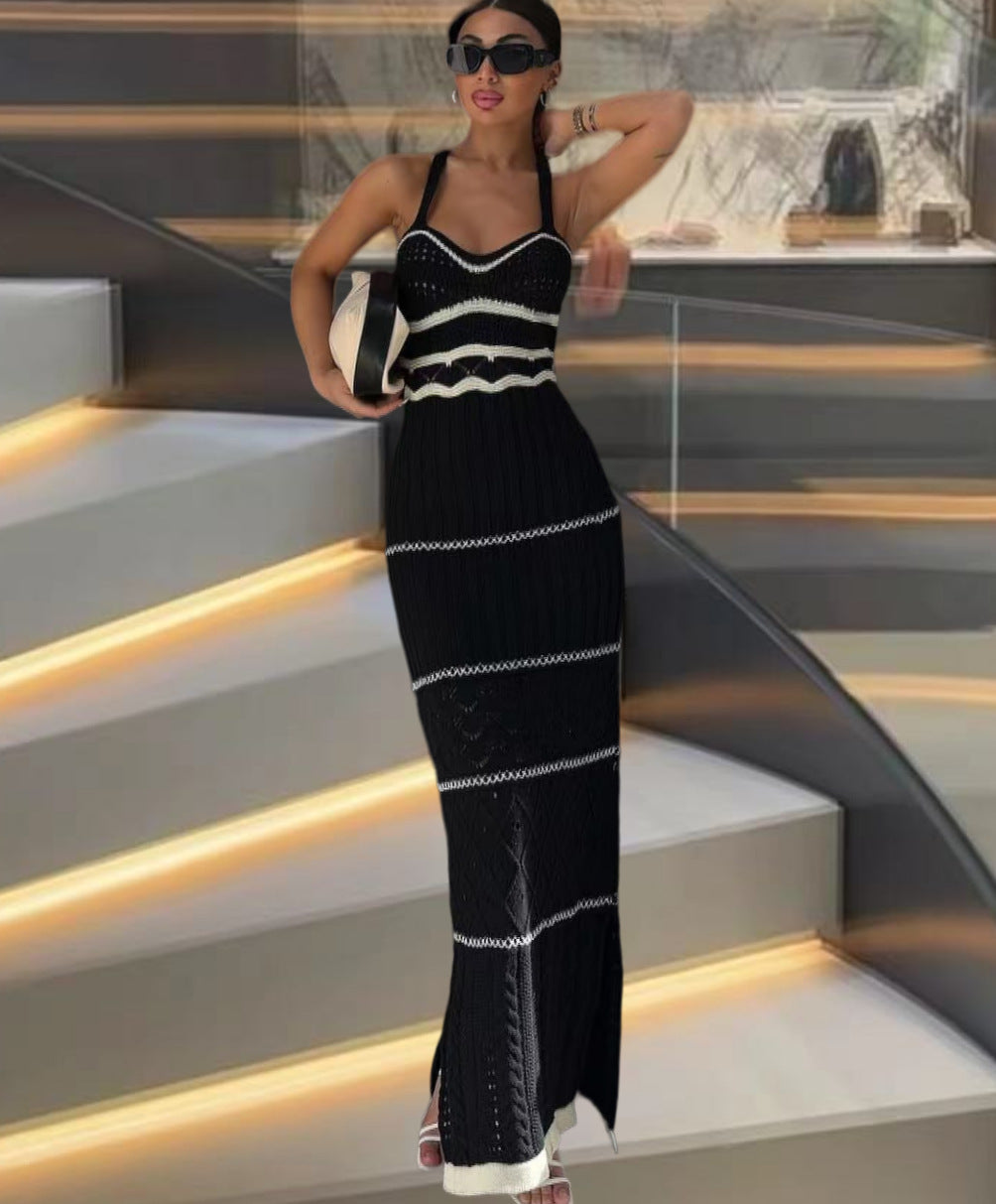 Damen Strick-Maxikleid mit raffinierten Häkelmustern und seitlichem Schlitz Drune