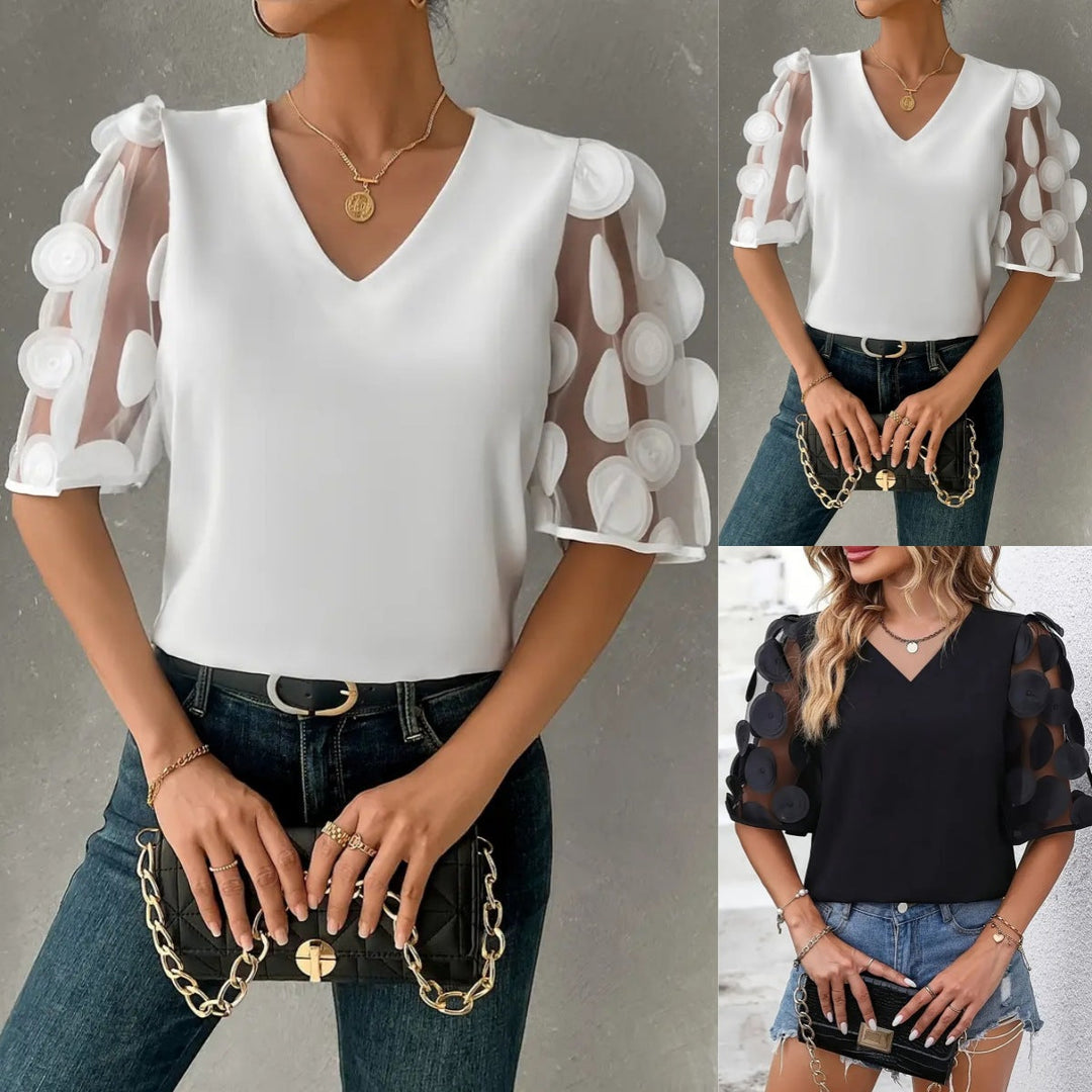 Damen V-Ausschnitt Bluse mit transparenten Puffärmeln Drune