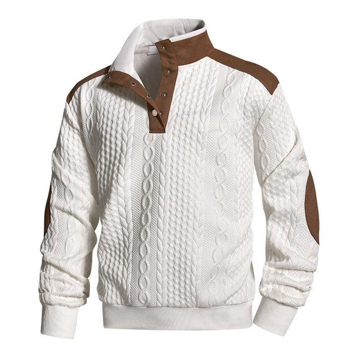 Herren Strickpullover mit Zopfmuster, Stehkragen und Kontrast‑Schulter- & Ellbogenpatches Drune