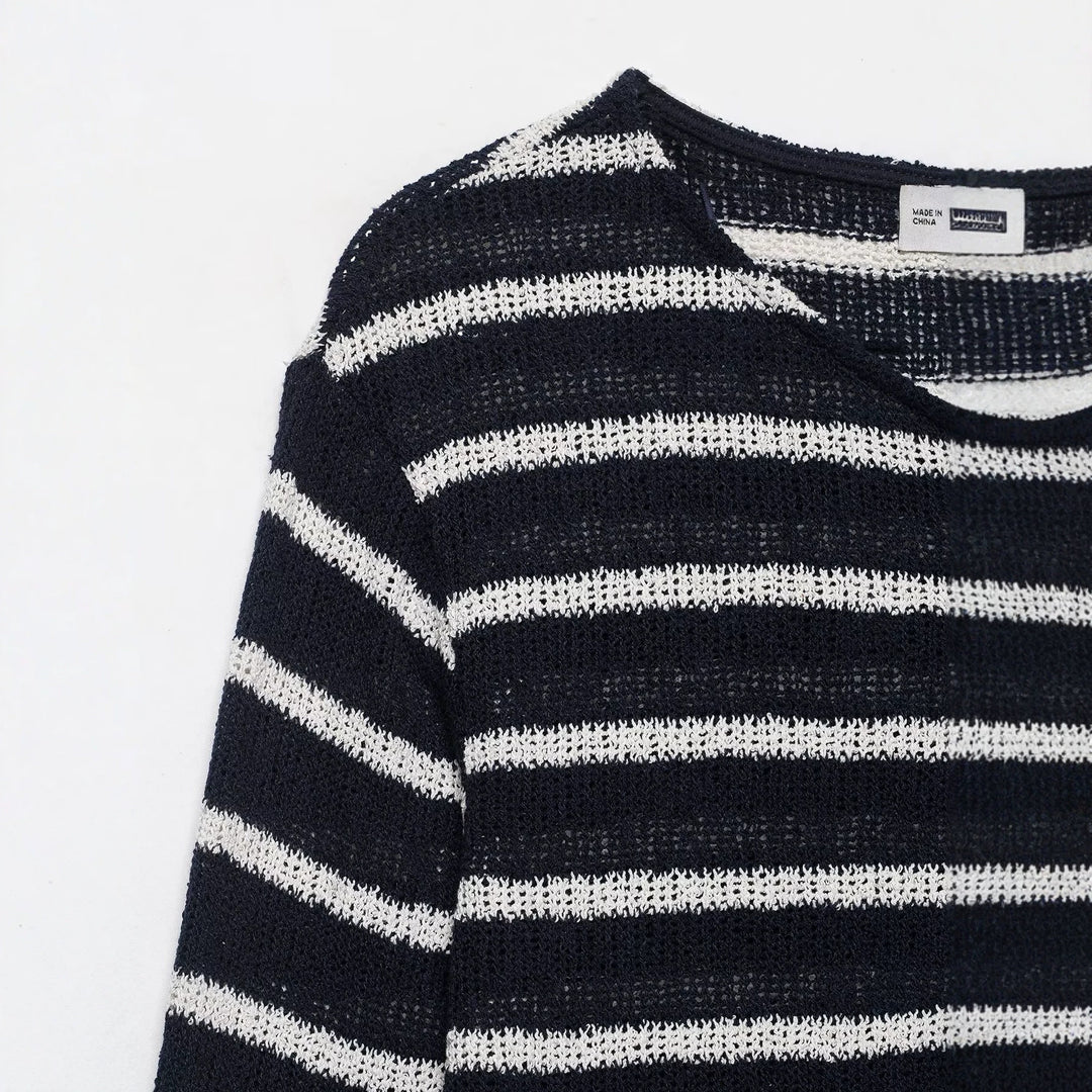 Damen Gestreifter Strick-Henleypullover mit Knopfleiste und Leichtstruktur Drune