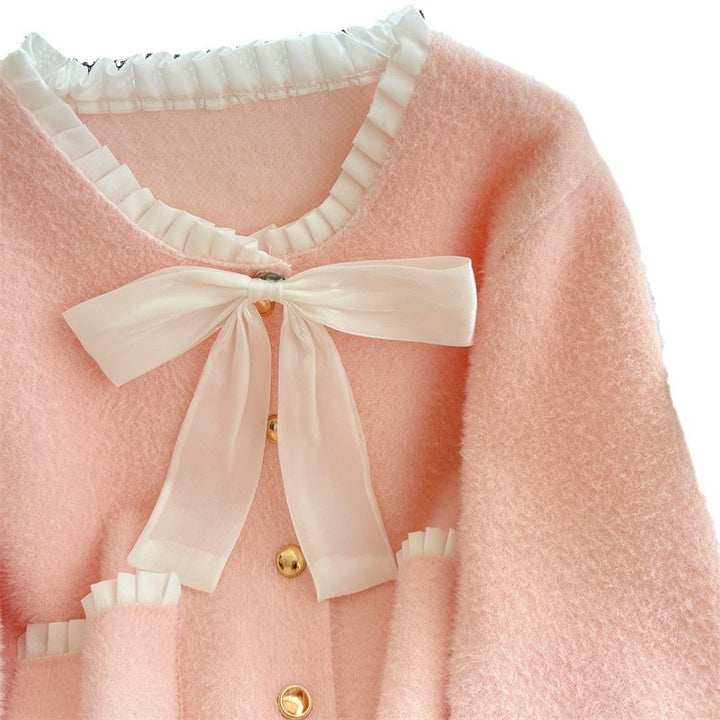 Damen Flauschiger Cardigan mit elegantem Schleifenkragen und dekorativen Knöpfen Drune