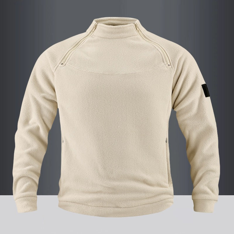 Herren taktischer Fleece-Pullover mit Schulterreißverschlüssen, Kinnschutz und Klettpanel Drune