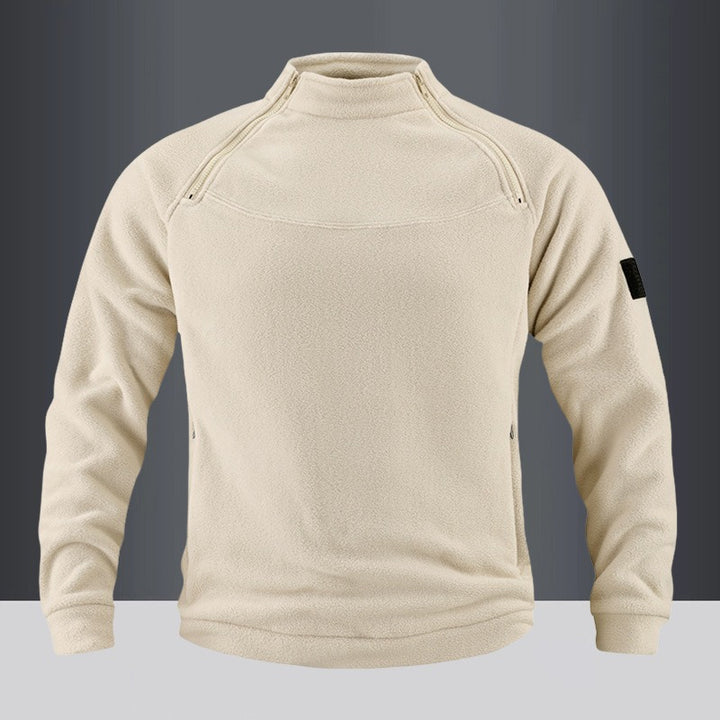 Herren taktischer Fleece-Pullover mit Schulterreißverschlüssen, Kinnschutz und Klettpanel Drune