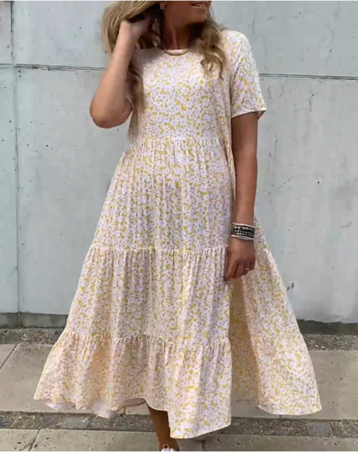 Damen nan luftiges Stufenmaxikleid im Boho-Babydoll-Stil mit geraffter Unterbrust und kurzen Ärmeln Drune