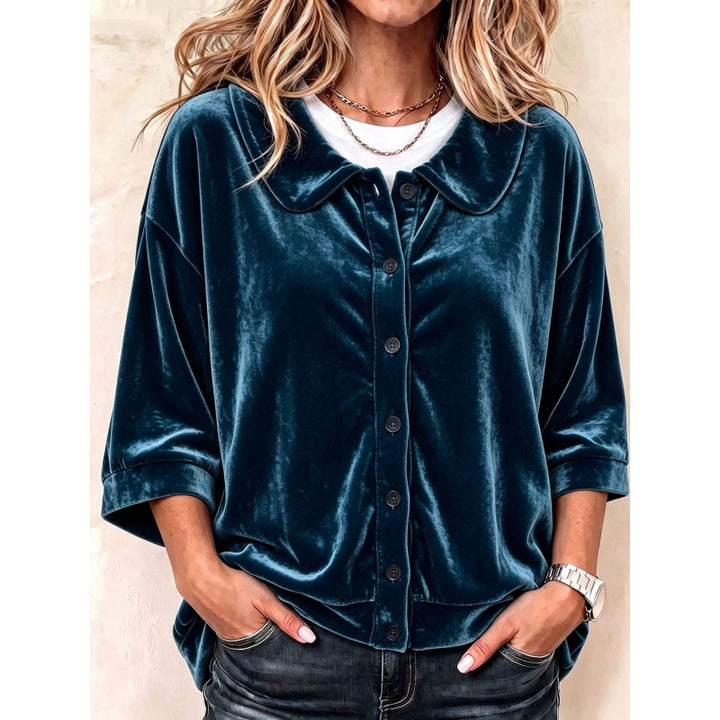 Damen Samt-Button-Down-Hemdbluse mit abgerundetem Kragen Drune