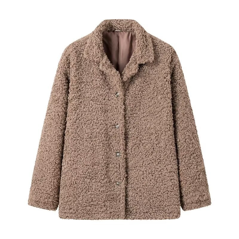 Damen nan kuschelige Teddyjacke mit Hemdkragen Druckknopfverschluss und wärmender Wattierung Drune