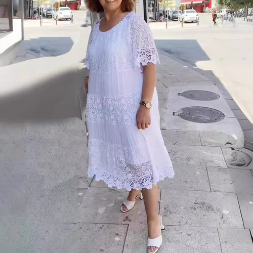 Damen nan Midikleid mit Spitzenstufen, Plissee‑Einsätzen und kurzen Trompetenärmeln Drune