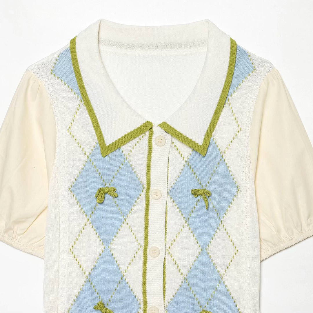 Damen Kurzarm-Pulloverjacke mit Argyle-Strickfront, Bubikragen und Puffärmeln Drune