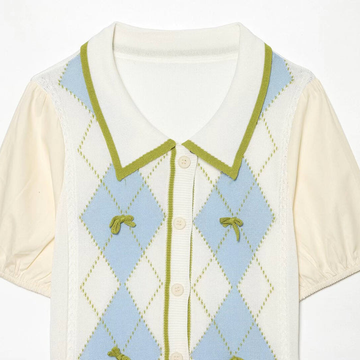 Damen Kurzarm-Pulloverjacke mit Argyle-Strickfront, Bubikragen und Puffärmeln Drune