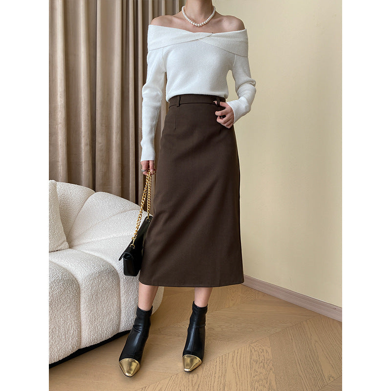 Damen eleganter Midirock mit modernem Schnitt und hohen Taschen Drune
