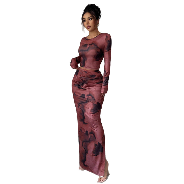 Damen nan zweiteiliges figurbetontes Set aus elastischem Mesh mit langärmligem Crop-Top, Daumenloch und gerafftem Midirock Drune