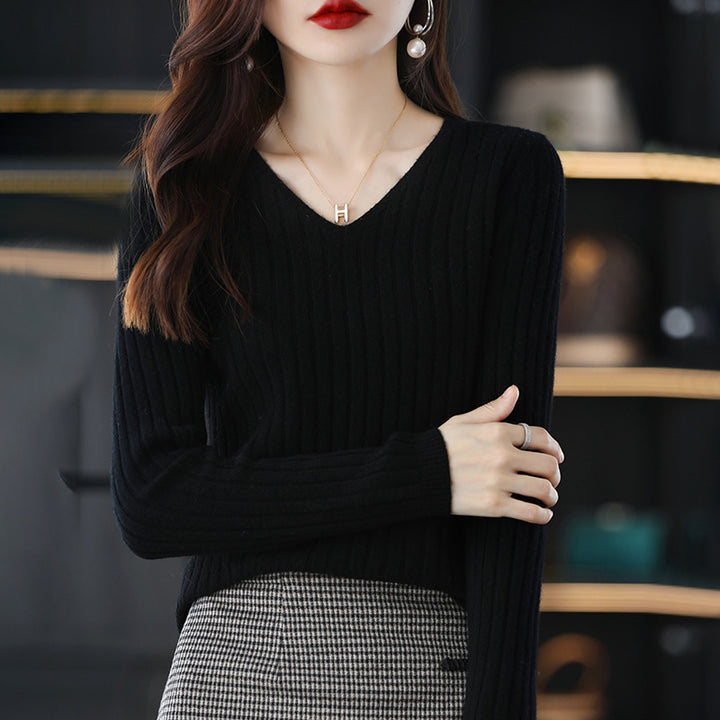 Damen Strickpullover mit feiner Rippenstruktur und V-Ausschnitt Drune