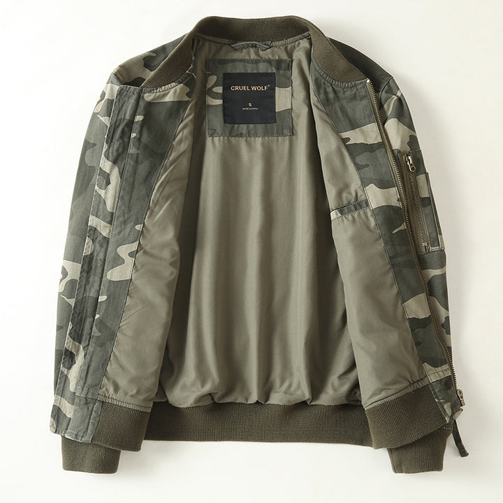 Herren Bomberjacke im Military-Camouflage mit Reißverschluss, Rippbündchen und Ärmeltasche Drune