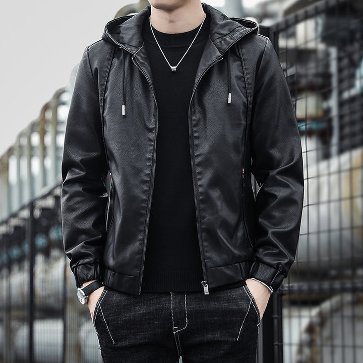 Herren Modische Kunstlederjacke mit verstellbarer Kapuze Drune