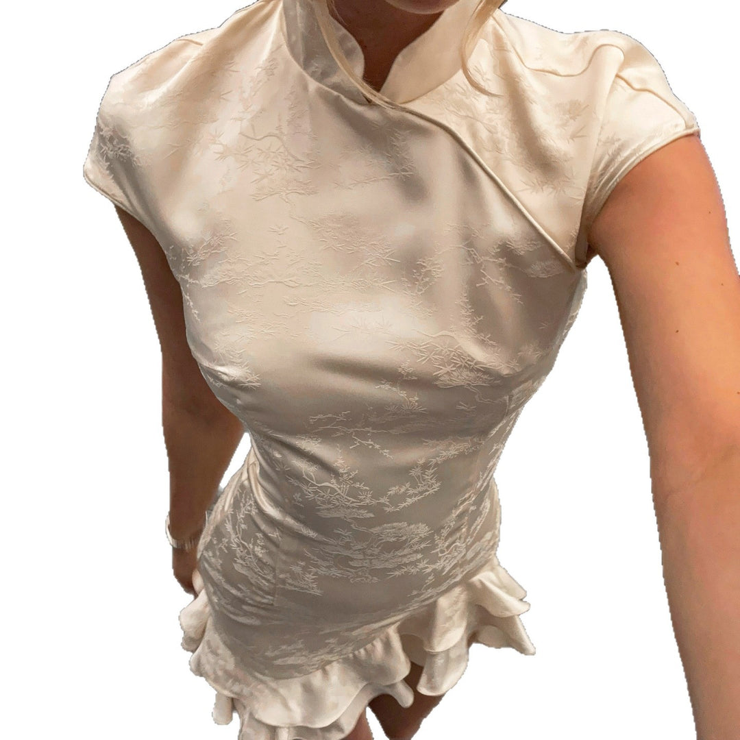 Damen elegantes Wickelkleid mit romantischem Rüschensaum und hohem Kragen Drune