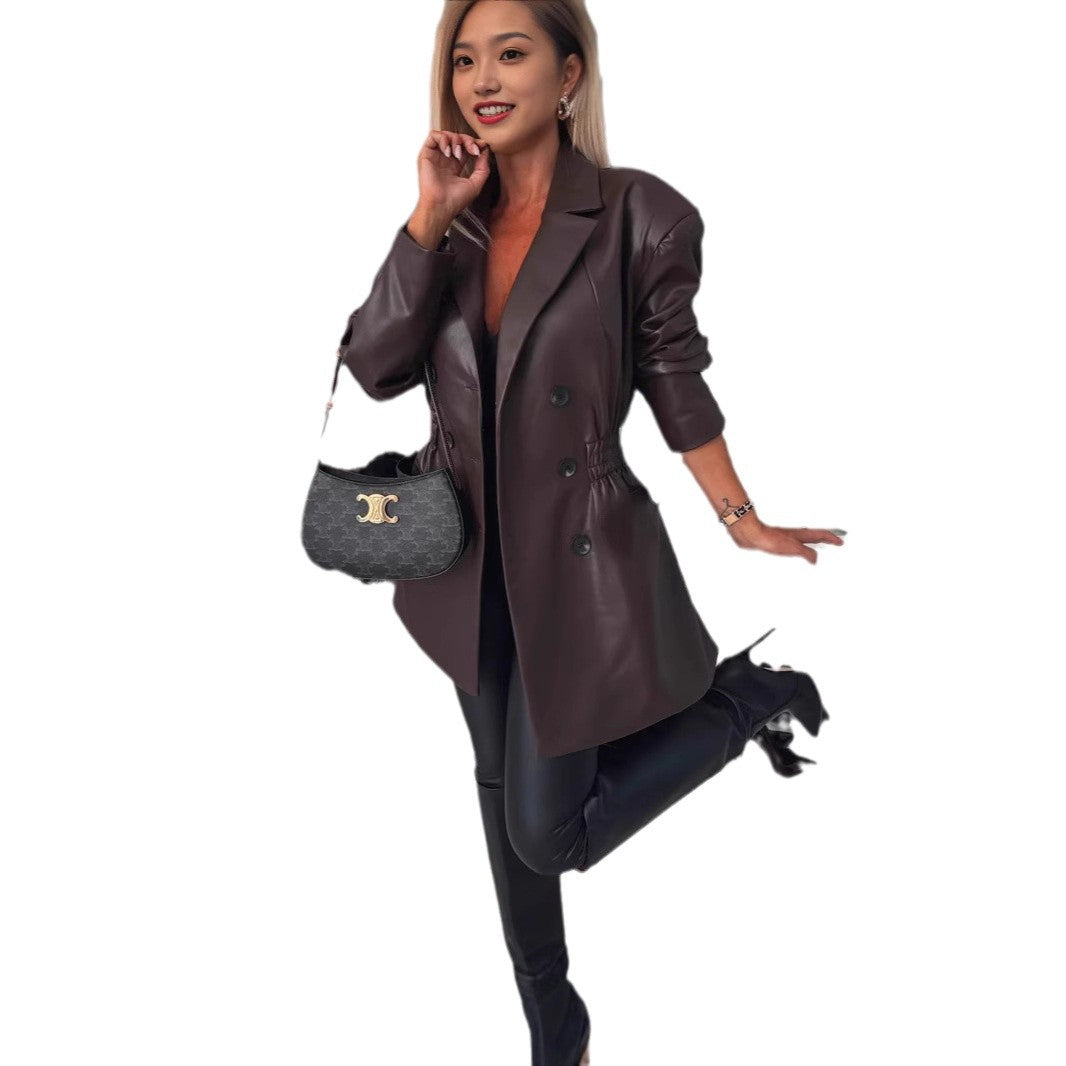 Damen eleganter Blazer aus Kunstleder mit Taillierung Drune