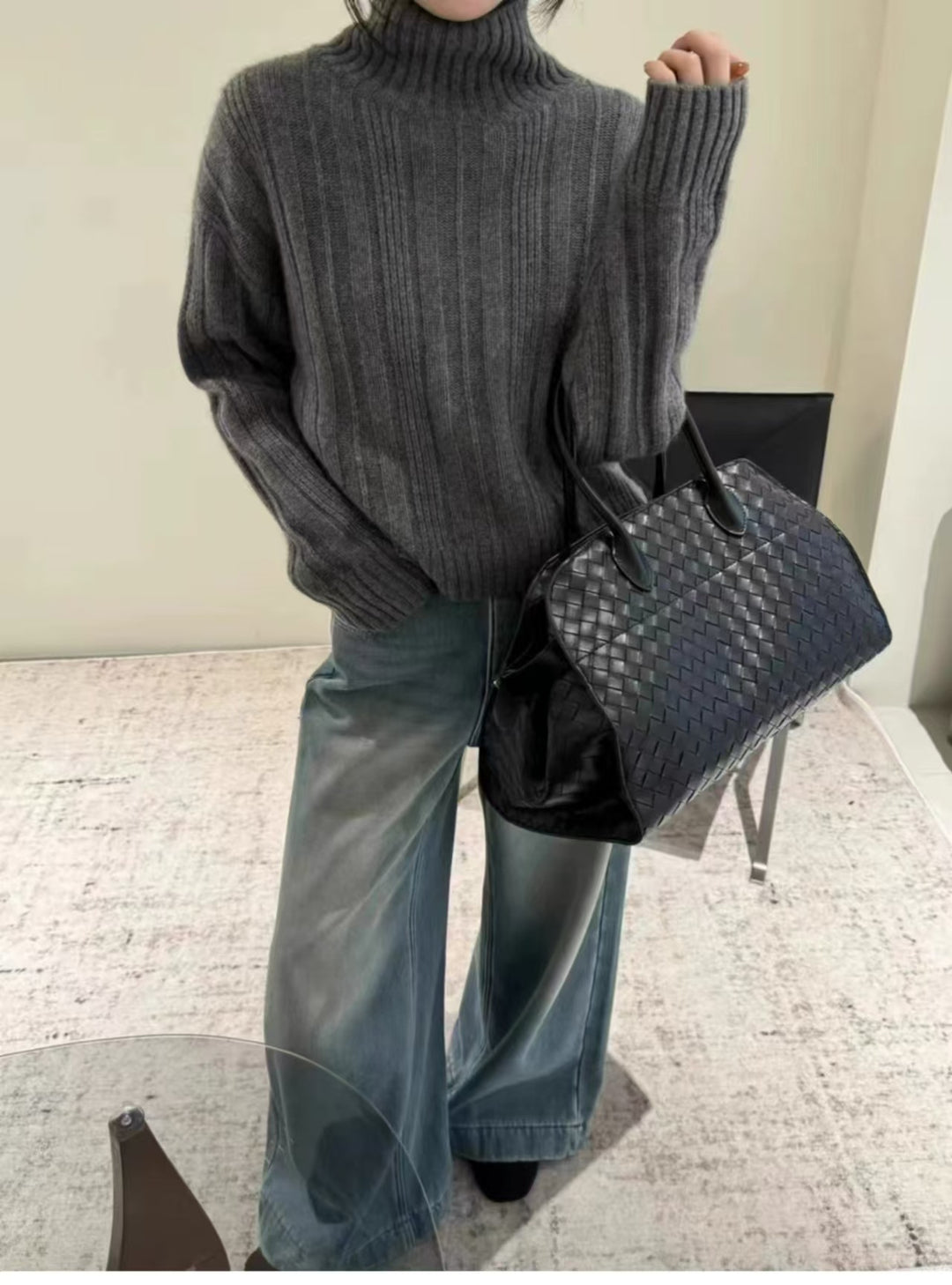 Damen lässiger Rollkragenpullover mit feinem Rippenmuster Drune
