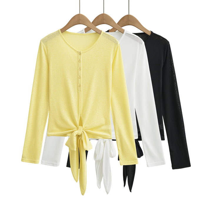 Damen Langarm-Henley-Top mit Knotenfront und Knopfleiste Drune
