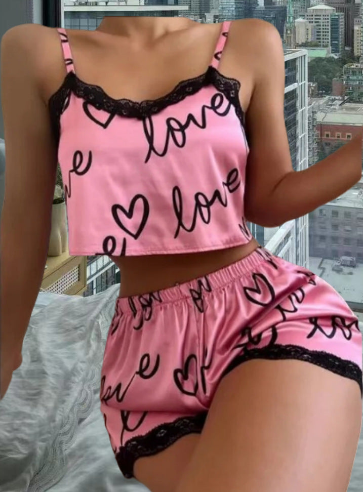 Damen Satin-Crop-Top und Shorts-Set mit Herzen und Spitzenakzenten Drune