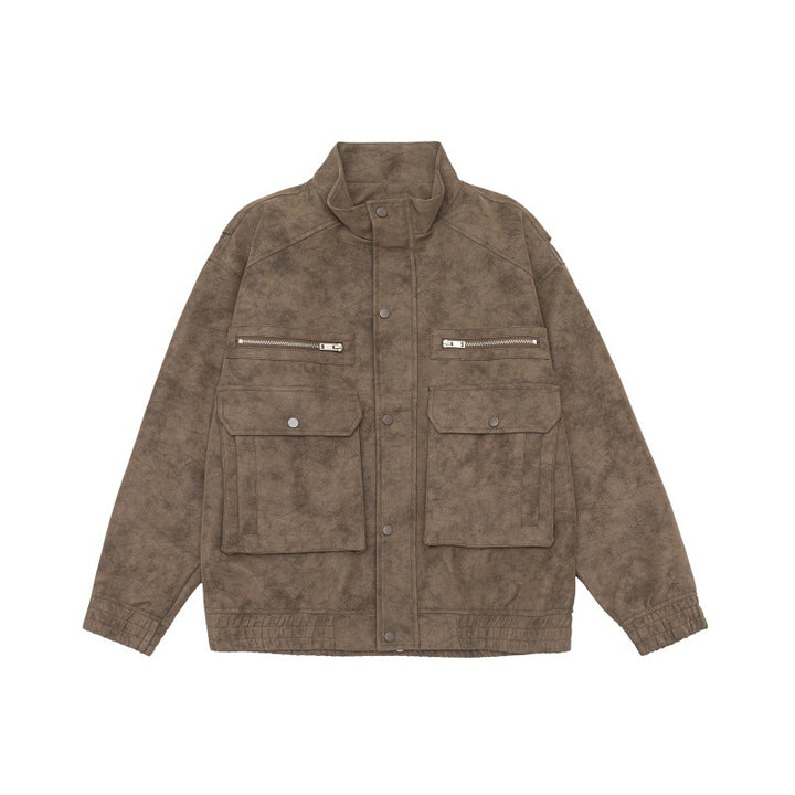 Herren Boxy Utility-Blousonjacke aus Veloursoptik mit Stehkragen und Mehrfachtaschen Drune