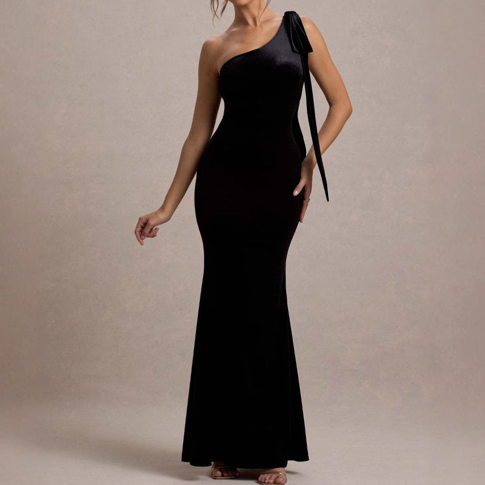 Damen figurbetontes Abendkleid mit asymmetrischem Träger und schickem Saum Drune
