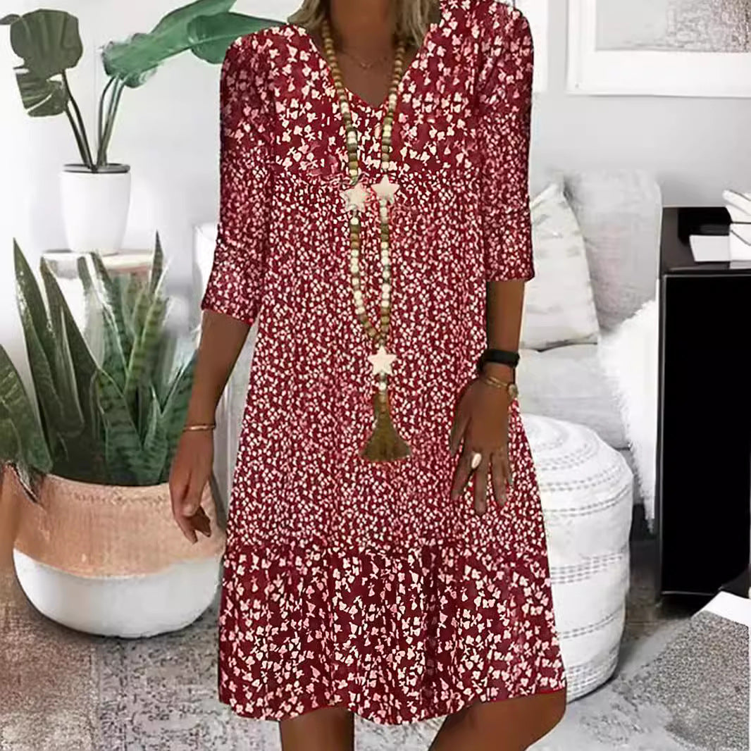 Damen Lockeres Midi-Kleid im Boho-Stil mit V-Ausschnitt, Dreiviertelärmeln und gestuftem Saum Drune