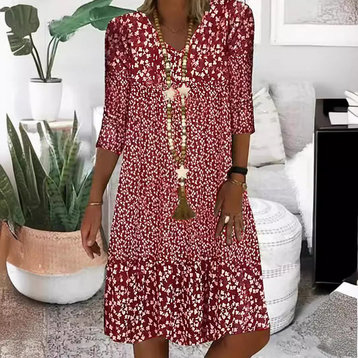 Damen Lockeres Midi-Kleid im Boho-Stil mit V-Ausschnitt, Dreiviertelärmeln und gestuftem Saum Drune