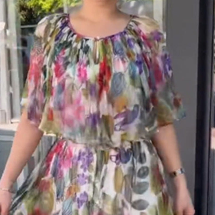 Damen nan luftiges Chiffon-Maxikleid mit floralem Print, gerafftem Rundhalsausschnitt und elastischem Taillenband Drune
