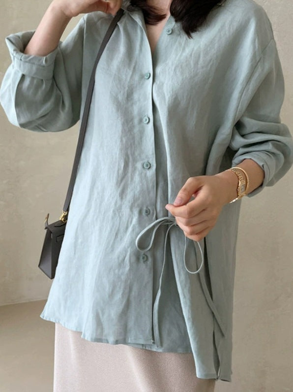 Damen Locker geschnittene Leinen‑Hemdbluse mit Stehkragen, Tunnelzug‑Taille und durchgehender Knopfleiste Drune